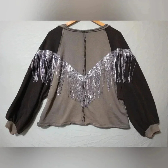 POL Western Fringe Top Blouse Sz S Shiny Sequins Preppy Rodeo Balloon Sleeve - Picture 6 of 7